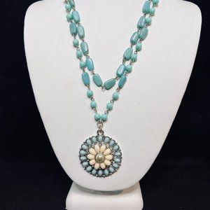 Southwest Style Double Strand Blue, White And Silver Tone Beaded Necklace (4868)